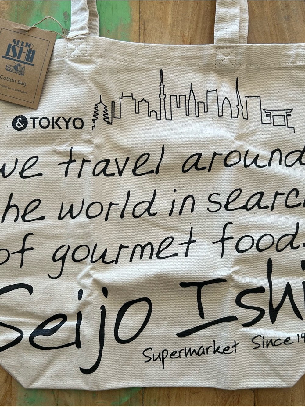 Seijo Ishi Tokyo Skyline Canvas Tote Bag in Natural with Black Print